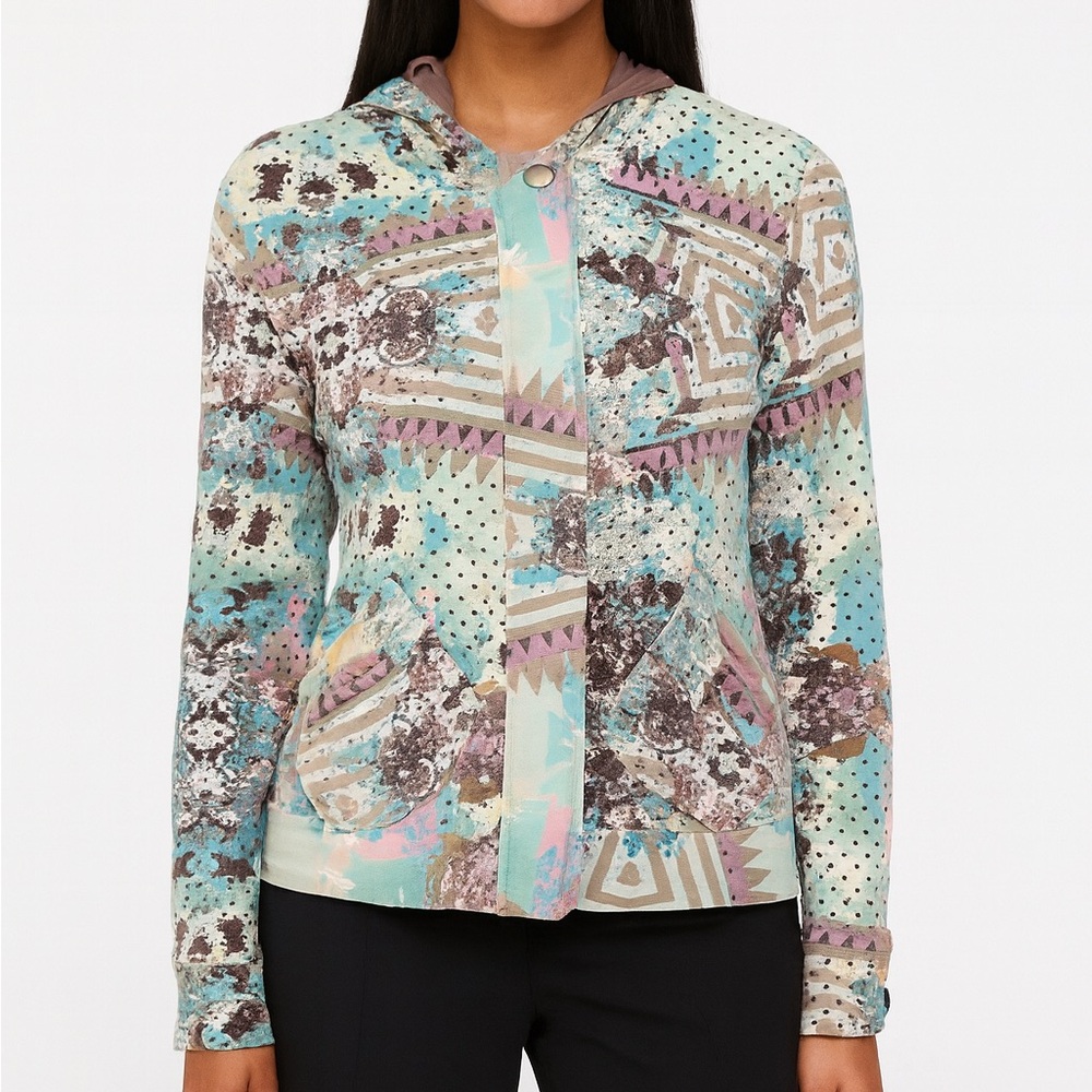 Custo Barcelona Multicolor Floral Jacket Size 38/S Pastels Brown Hooded Girly